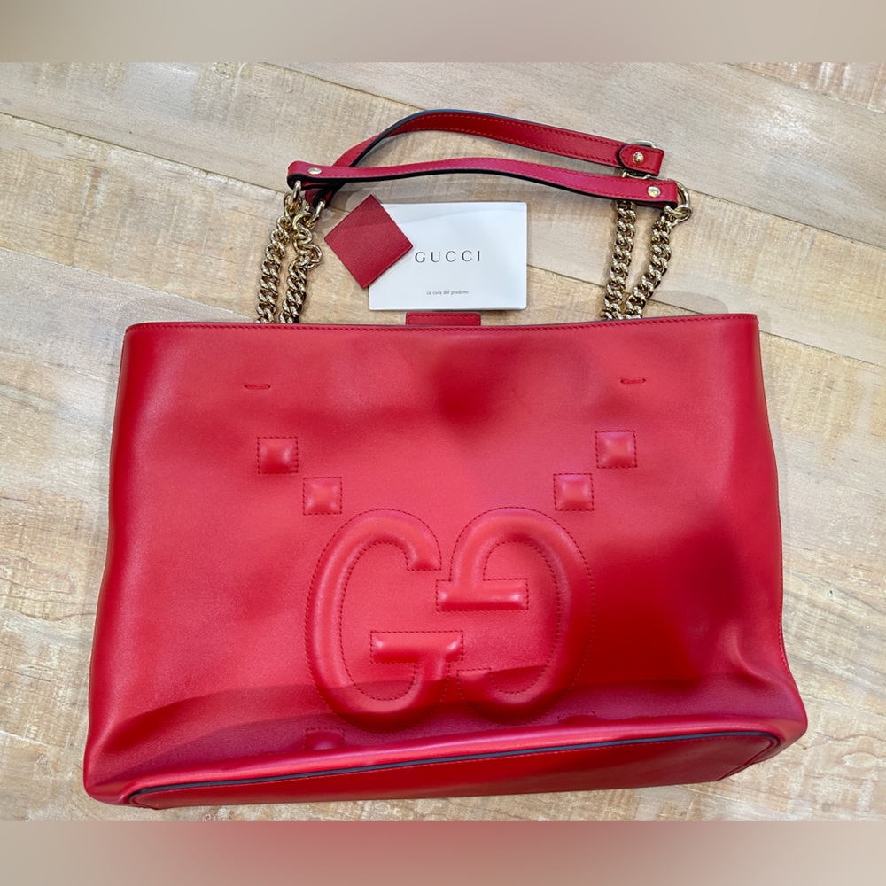 Gucci Apollo GG embossed red leather tote bag purse gold chair strap 11.75x6.75”